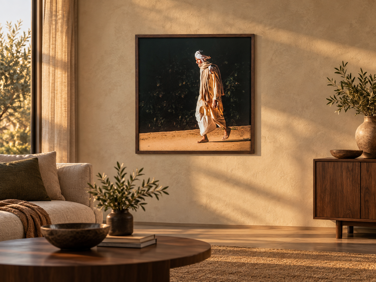 Interior visualization featuring the photographic artwork “Pilgrims at govardhan 4, Indien” by André Wagner; not a photographed installation.