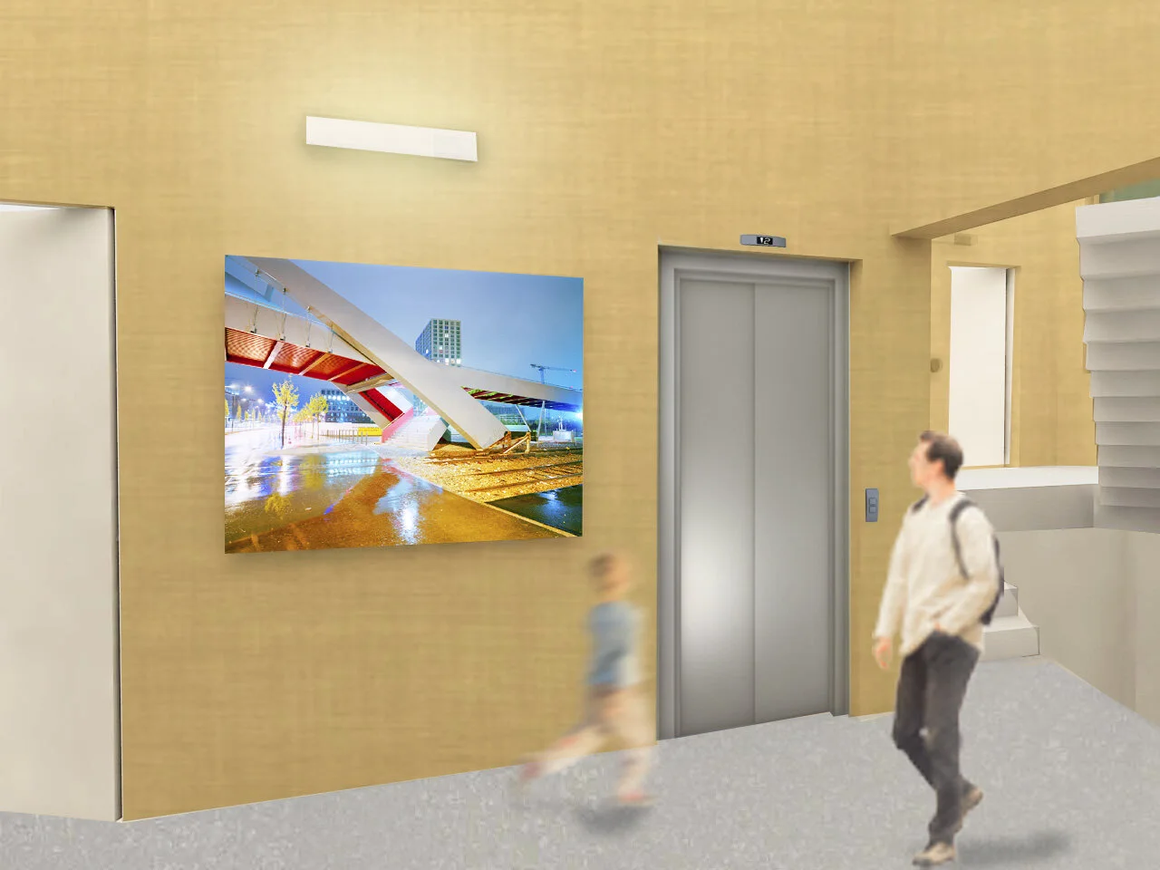 Visualisation d’intérieur avec une photographie d’architecture colorée près d’un ascenseur