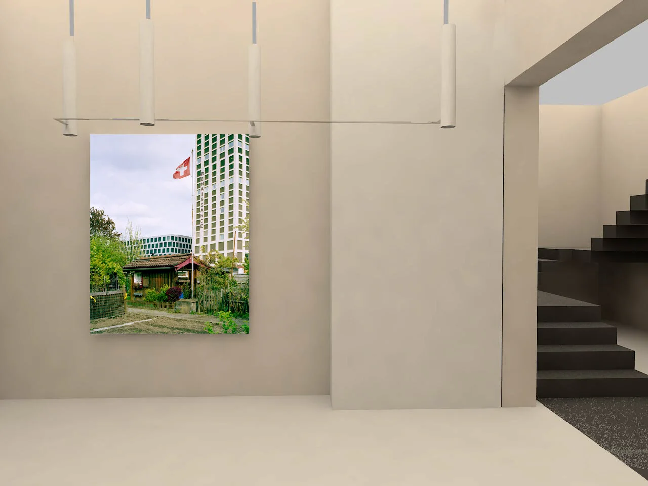 Visualisation d’intérieur avec une photographie de paysage vert et d’architecture