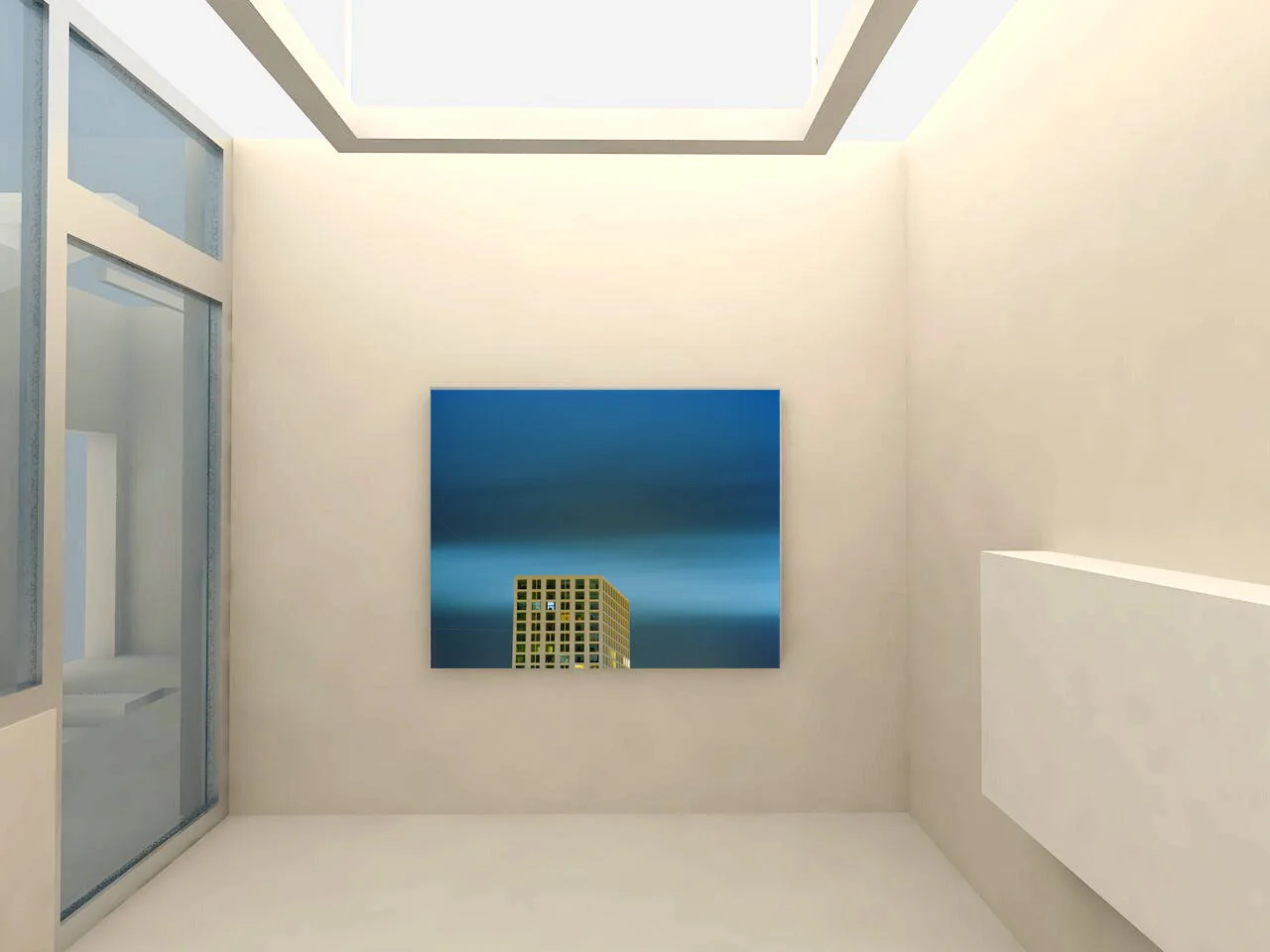 Visualisation d’intérieur avec une œuvre photographique de façade sur un ciel bleu