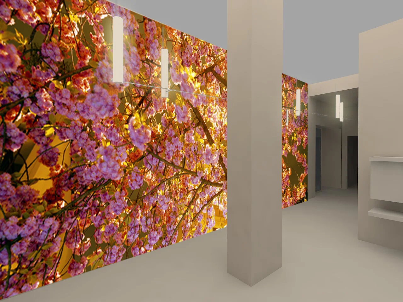 Visualisation d’intérieur avec une grande œuvre photographique de feuillage coloré