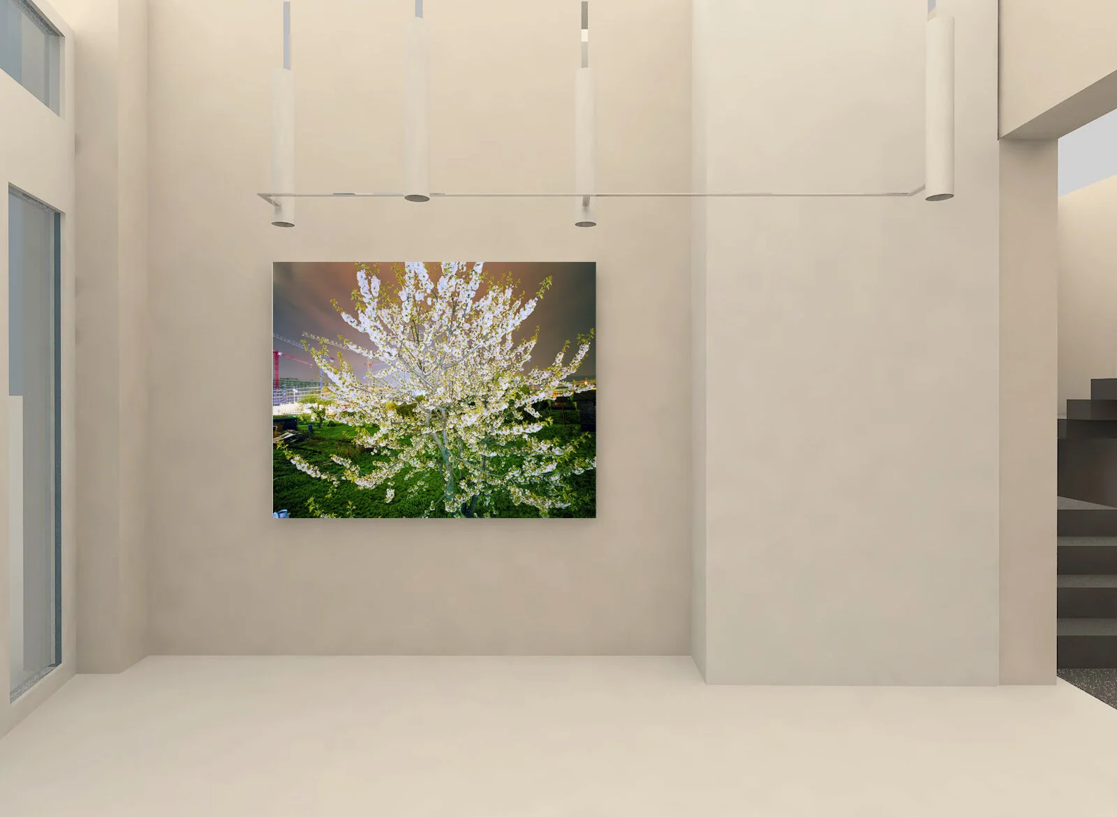 Visualisation d’intérieur avec une photographie de paysage montrant un arbre lumineux