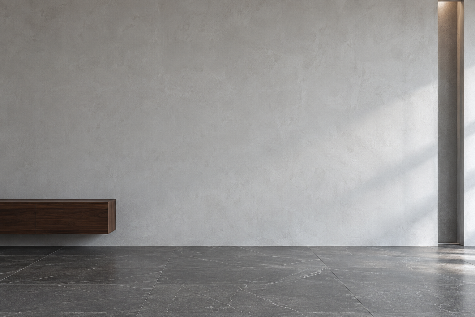 Virtual interior with stone surfaces for previewing photographic art.