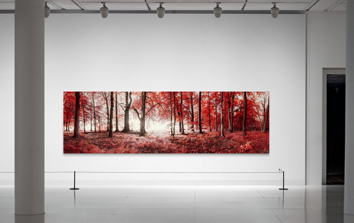 Interior visualization with the photographic artwork “Realm of Enchanted Shadows: A Fairytale Infrared Oasis” by André Wagner; not a photographed installation.