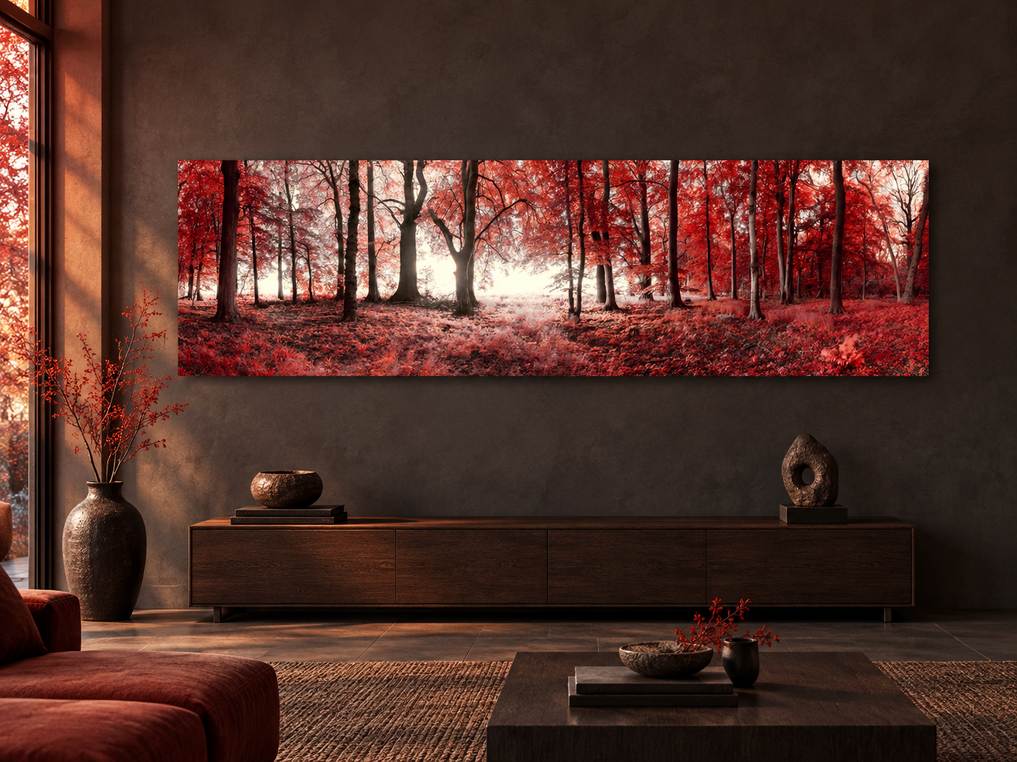 Interior visualization featuring the photographic artwork “Realm of Enchanted Shadows: A Fairytale Infrared Oasis” by André Wagner; not a photographed installation.