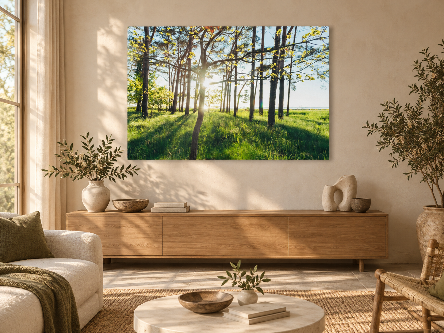 Interior visualization featuring the photographic artwork “Reflective sun behind the tree, Deutschland” by André Wagner; not a photographed installation.