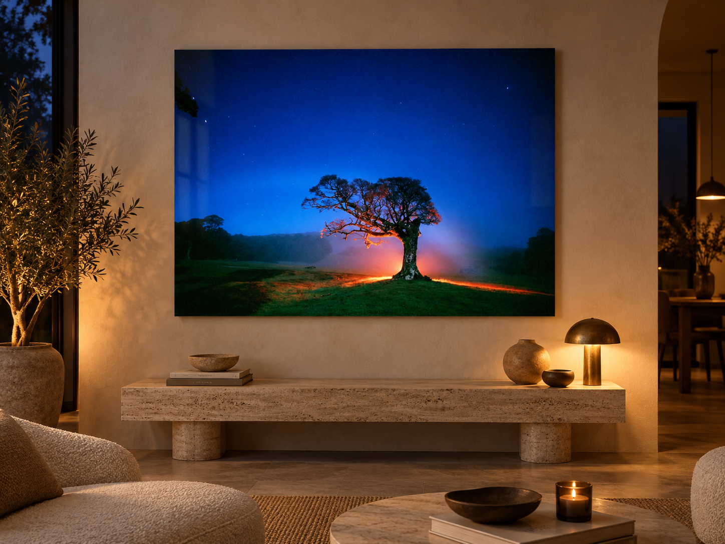 Interior visualization featuring the photographic artwork “Release of energy, Neuseeland” by André Wagner; not a photographed installation.