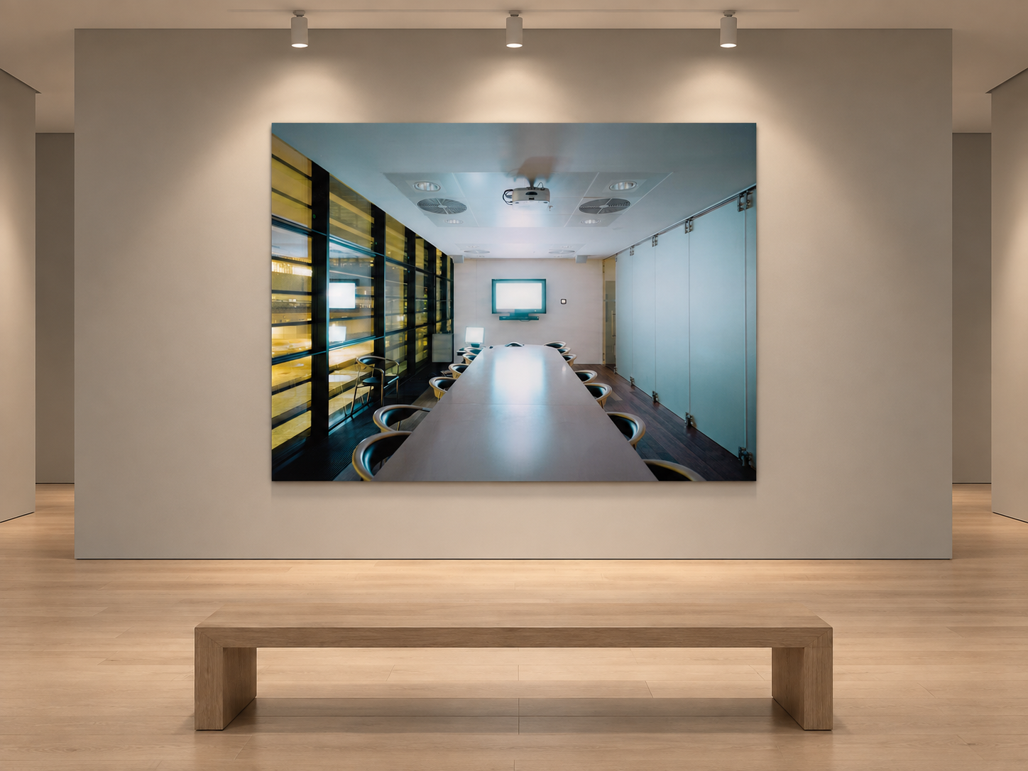 Interior visualization featuring the photographic artwork “Secret agent, Dänemark” by André Wagner; not a photographed installation.