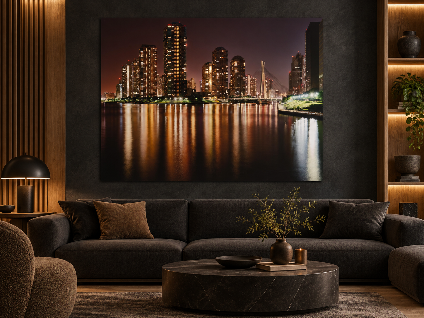 Interior visualization featuring the photographic artwork “Skyline tokyo, Japan” by André Wagner; not a photographed installation.