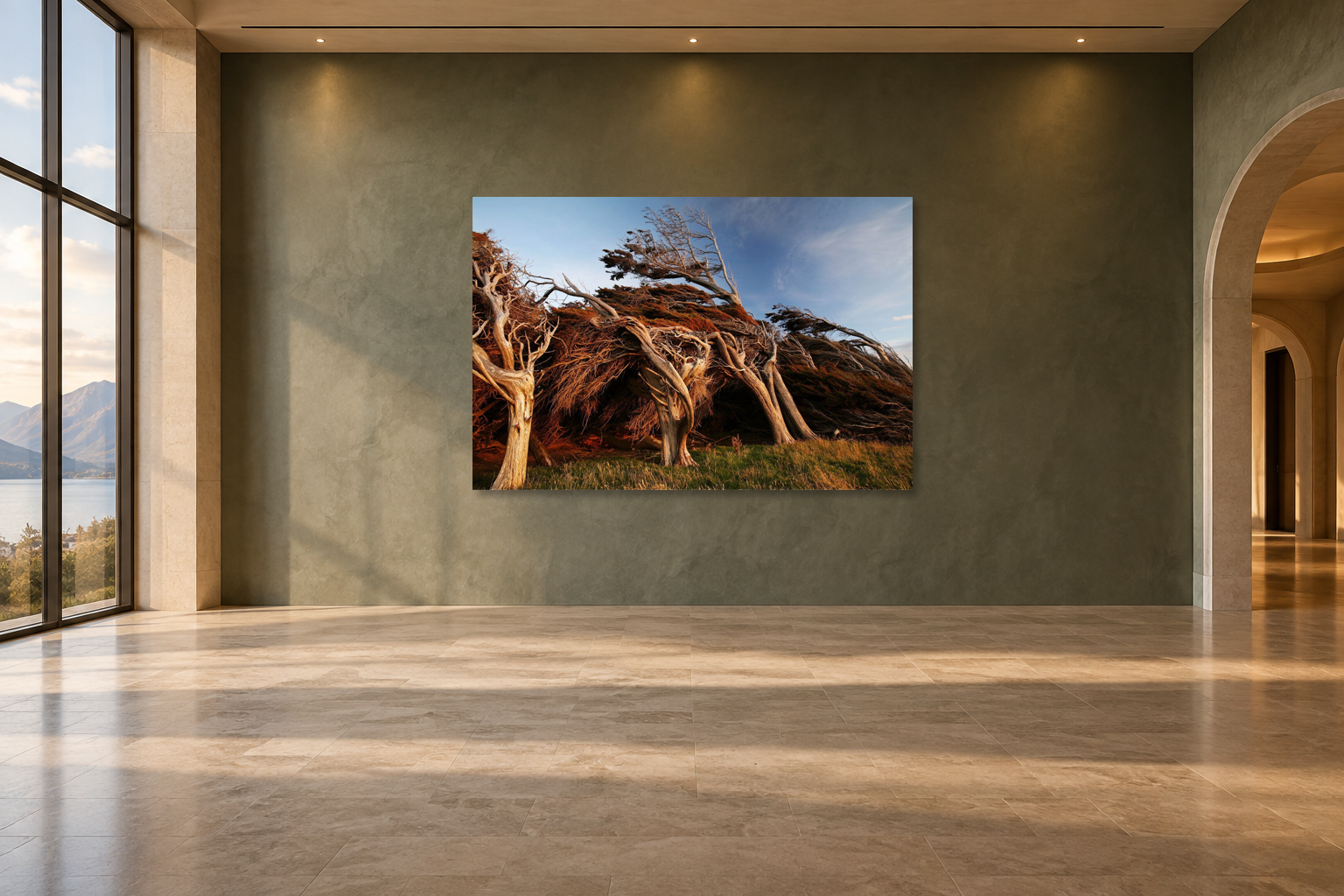 Interior visualization with the photographic artwork “Slope point 1, Neuseeland” by André Wagner; not a photographed installation.