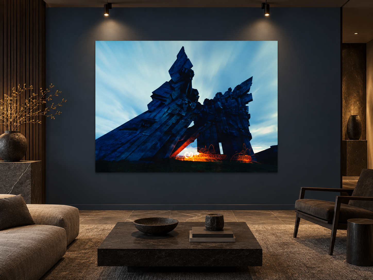 Interior visualization featuring the photographic artwork “Softice on fire, Litauen” by André Wagner; not a photographed installation.