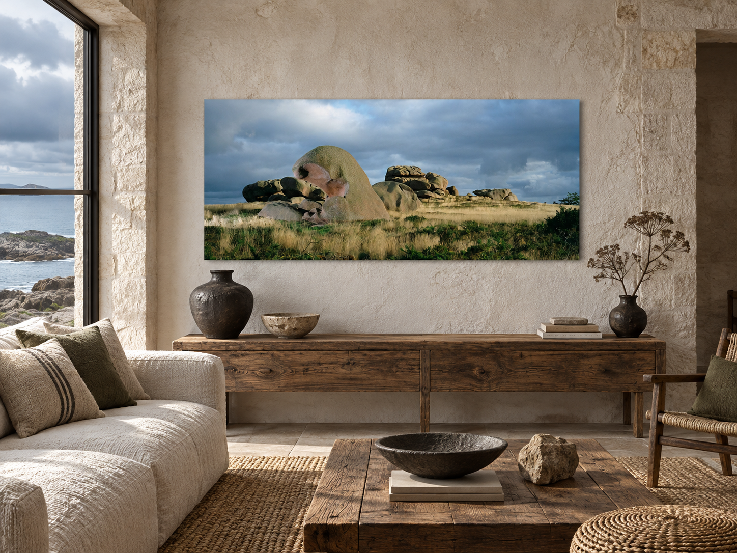 Interior visualization featuring the photographic artwork &ldquo;Story of wind 2, Frankreich&rdquo; by Andr&eacute; Wagner; not a photographed installation.