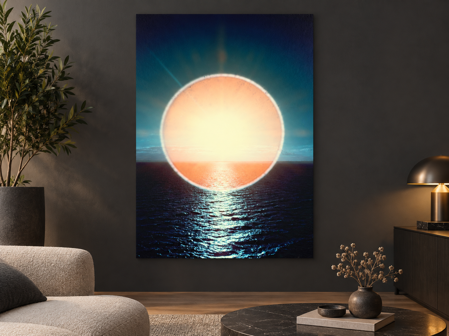 Interior visualization featuring the photographic artwork &ldquo;Sun halo: play of light over ocean waves, Deutschland&rdquo; by Andr&eacute; Wagner; not a photographed installation.