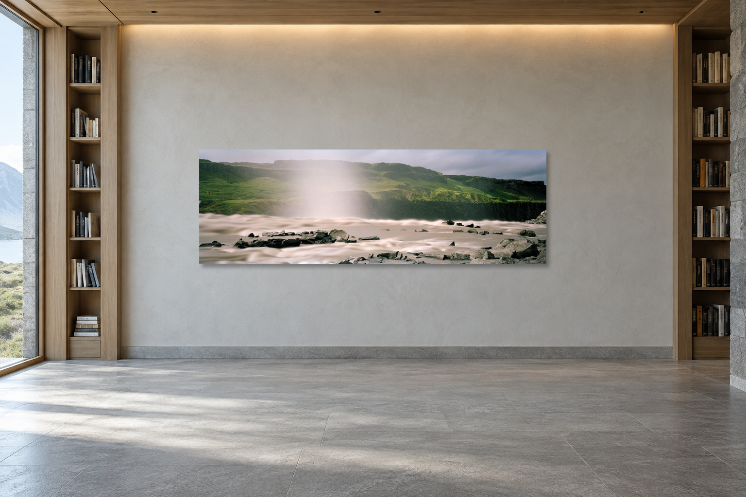 Interior visualization with the photographic artwork “Swimming against the stream, Island” by André Wagner; not a photographed installation.