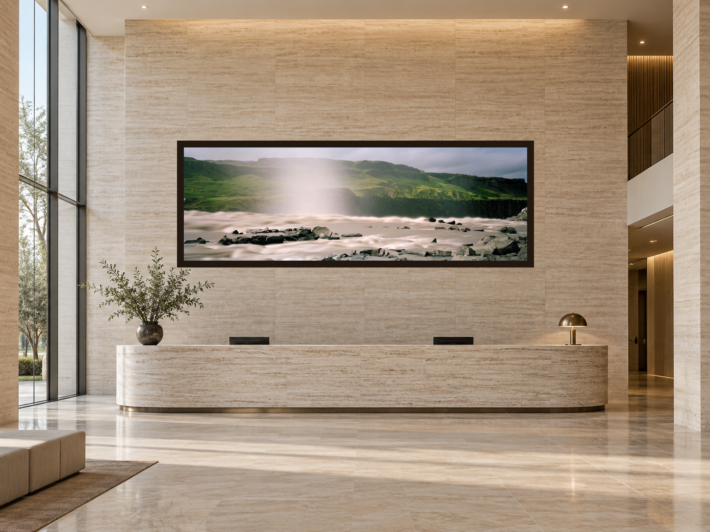 Interior visualization featuring the photographic artwork “Swimming against the stream, Island” by André Wagner; not a photographed installation.