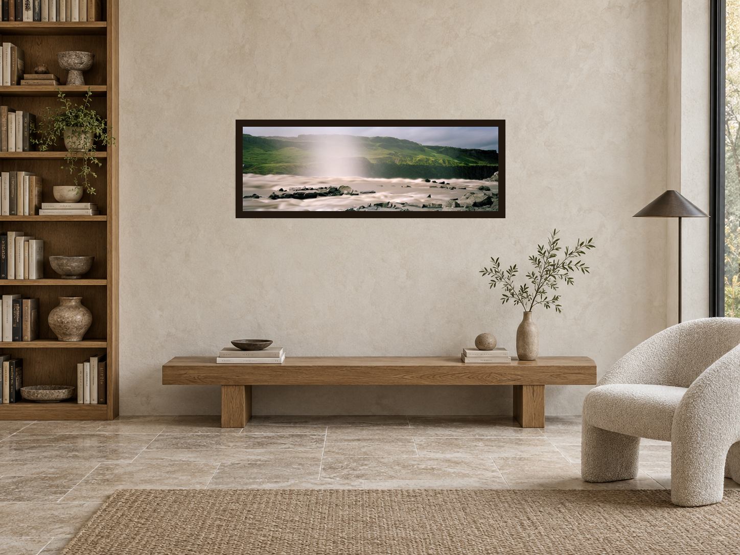Interior visualization featuring the photographic artwork “Swimming against the stream, Island” by André Wagner; not a photographed installation.