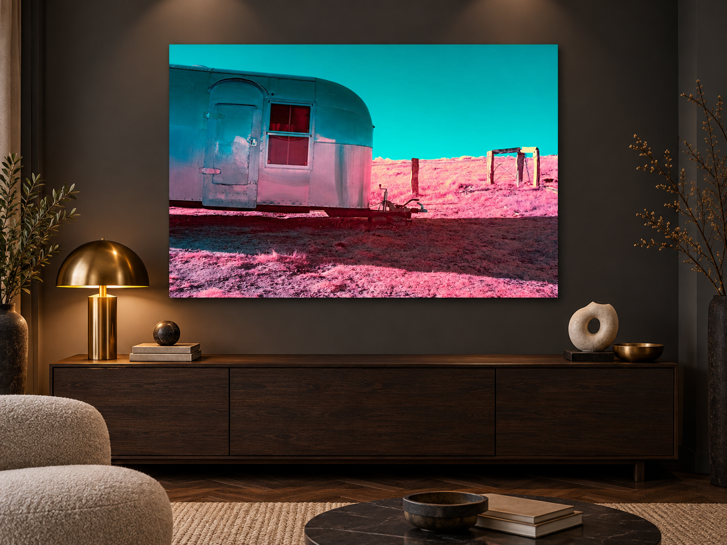 Visualisation d’intérieur avec l’œuvre photographique « The lonely caravan, Deutschland » d’André Wagner ; il ne s’agit pas d’une installation photographiée.