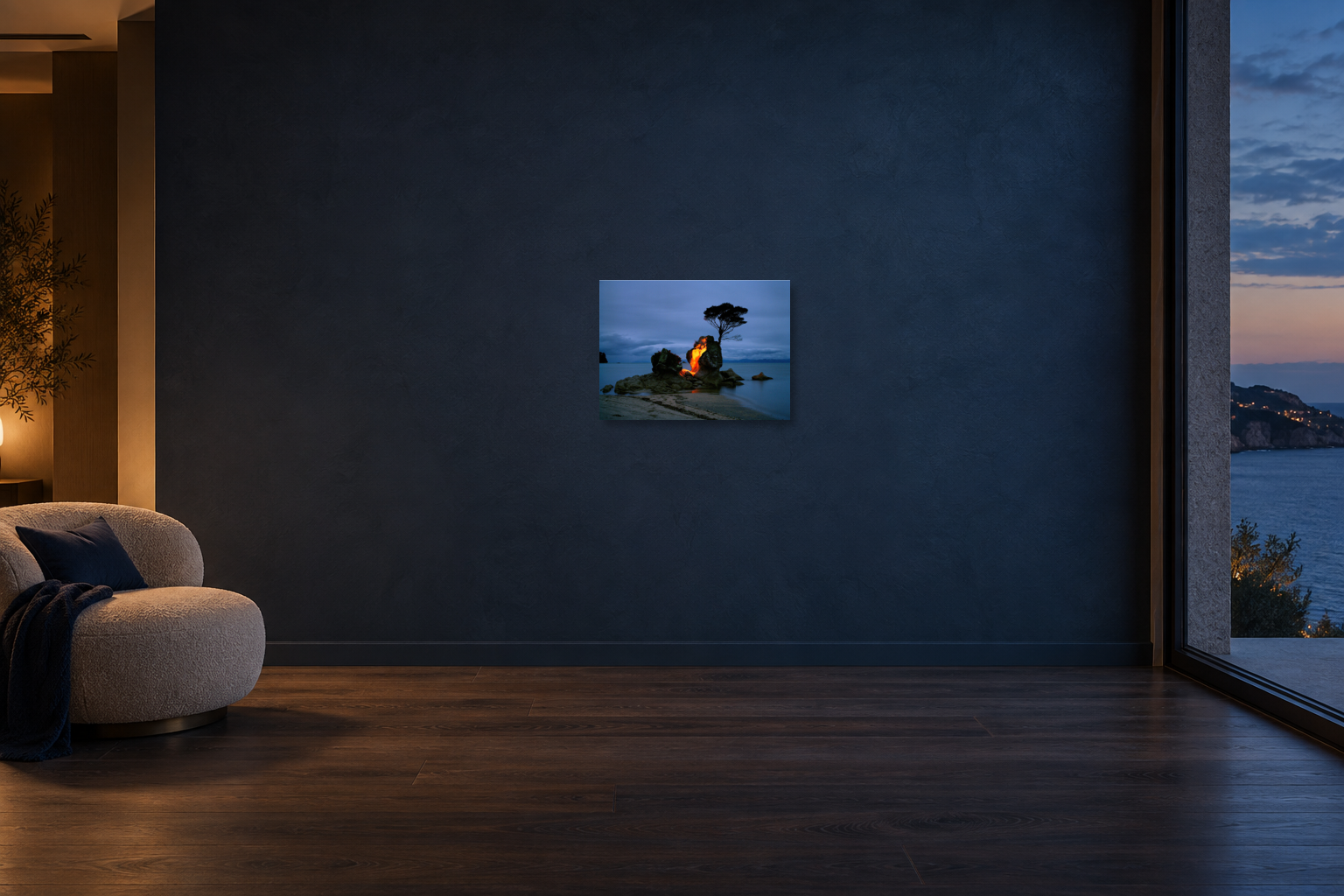 Interior visualization with the photographic artwork &ldquo;To play with fire, Neuseeland&rdquo; by Andr&eacute; Wagner; not a photographed installation.