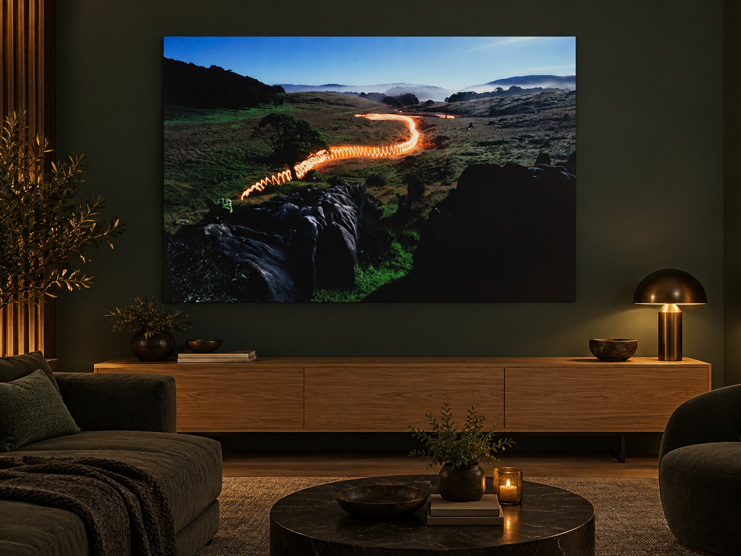 AI-generated room visualisation &ndash; Torchlight, New Zealand. An illustration of scale and spatial presence, not a photographed installation.