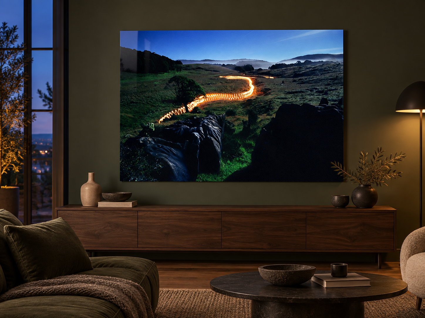 Interior visualization featuring the photographic artwork “Torchlight, Neuseeland” by André Wagner; not a photographed installation.