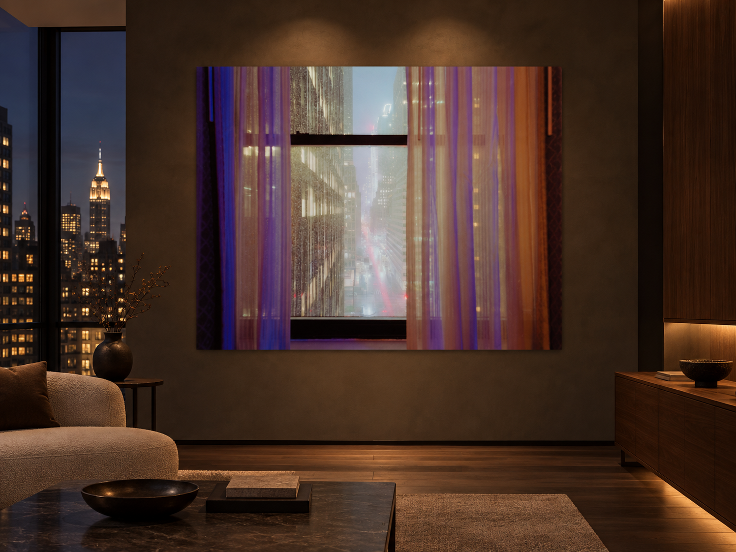 Interior visualization featuring the photographic artwork “View of manhattan, Usa” by André Wagner; not a photographed installation.
