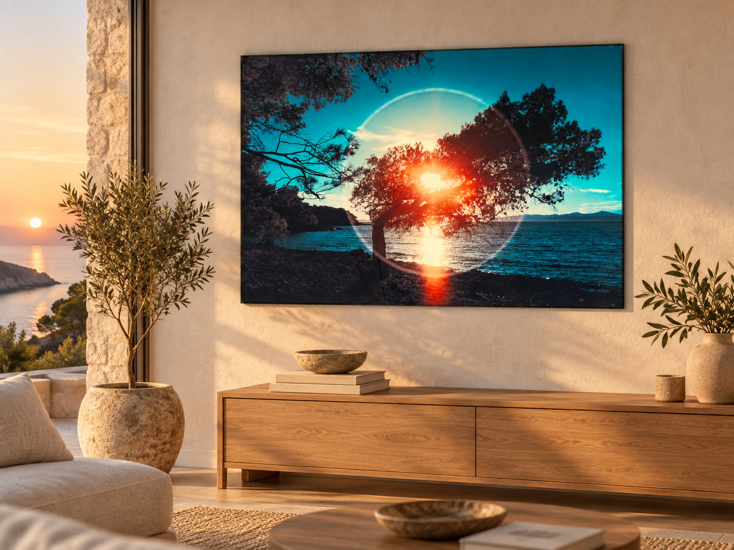 Interior visualization featuring the photographic artwork &ldquo;Windfl&uuml;chter and der adria, Kroatien&rdquo; by Andr&eacute; Wagner; not a photographed installation.