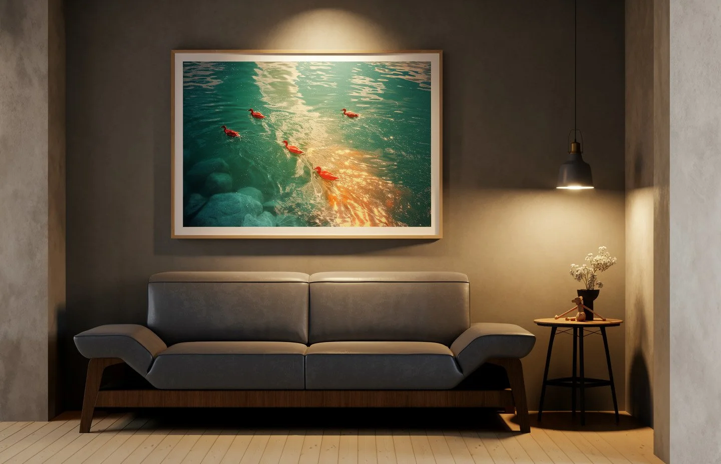 Salon avec une photographie encadrée représentant de l’eau et des oiseaux, au-dessus d’un canapé gris.