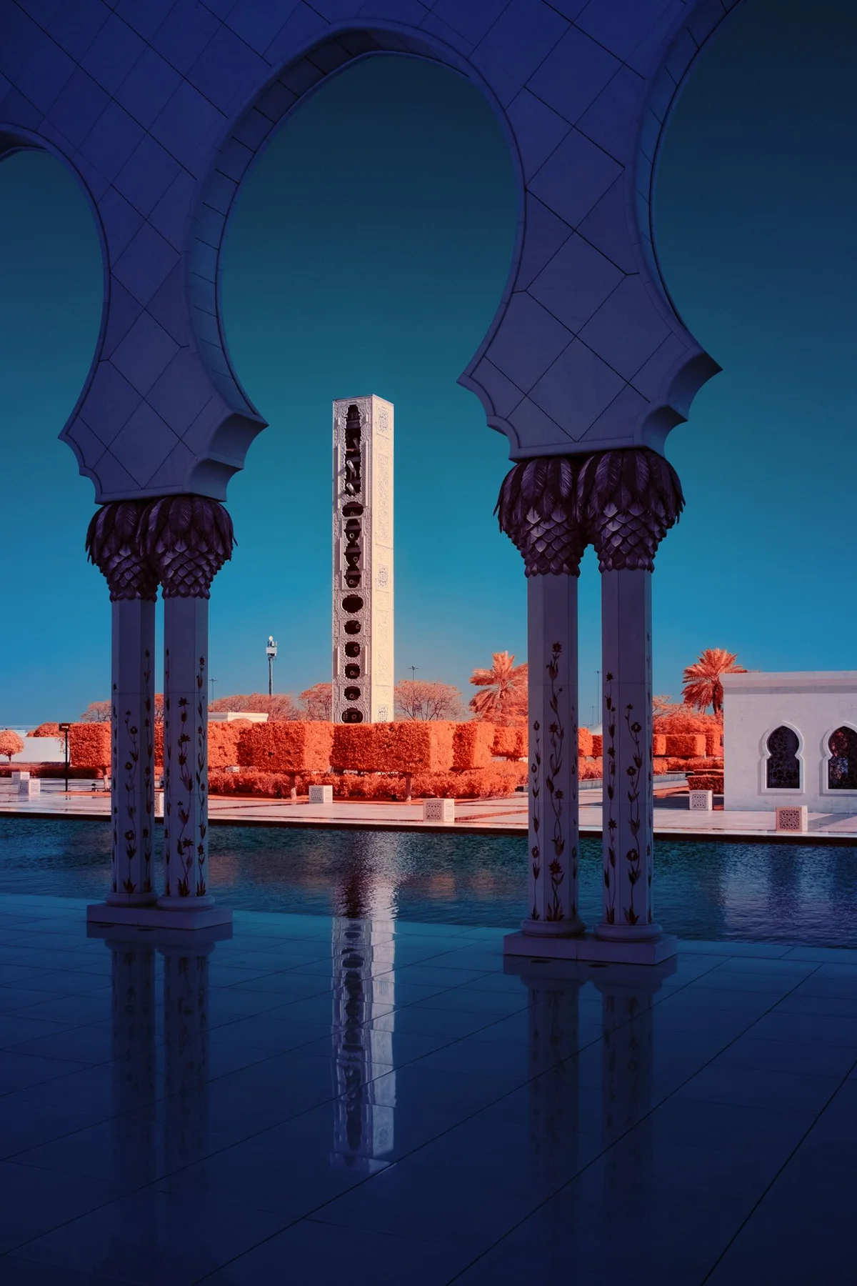 View through decorated arcades on a minaret.