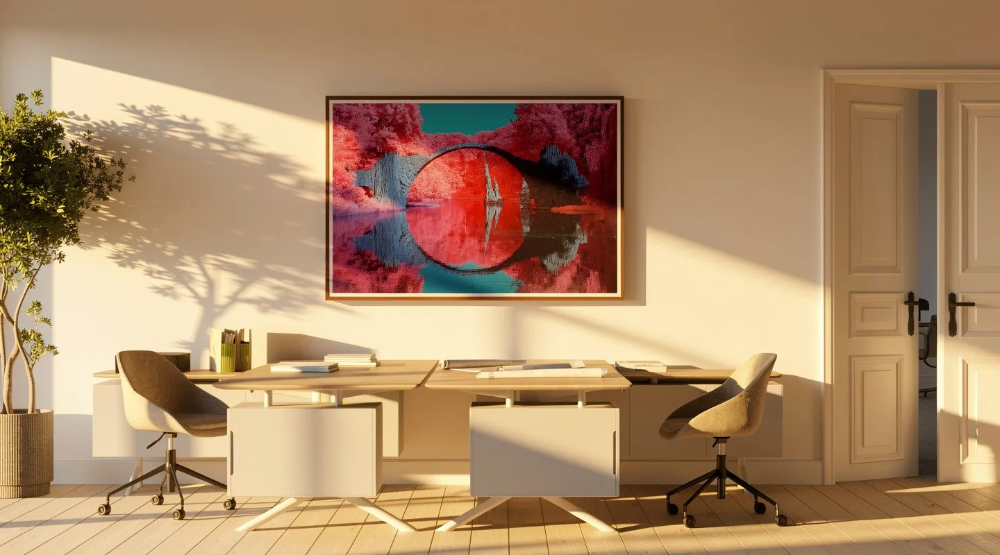 Office with desk and framed infrared photography in red and turquoise hues.