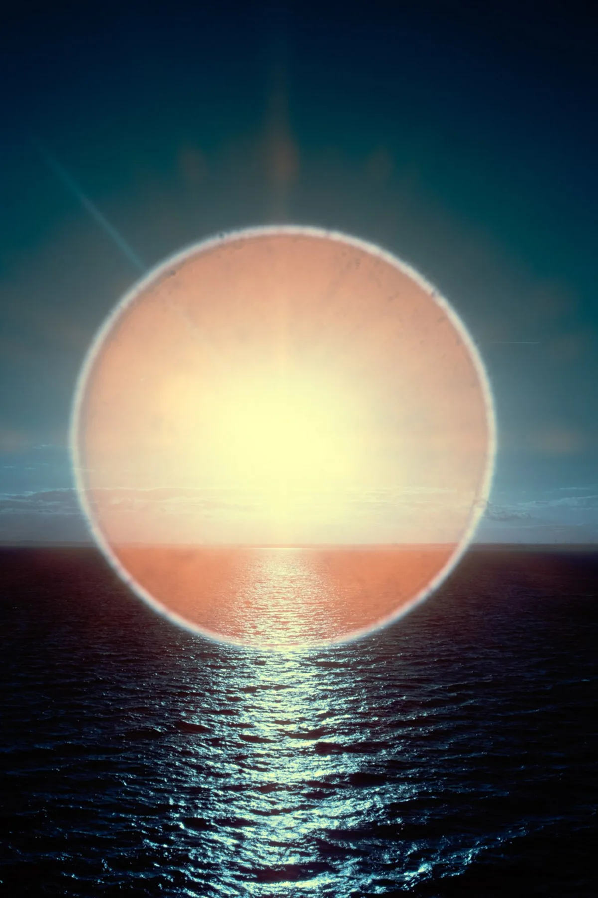 Shining circle over the sea and a reflection of light.