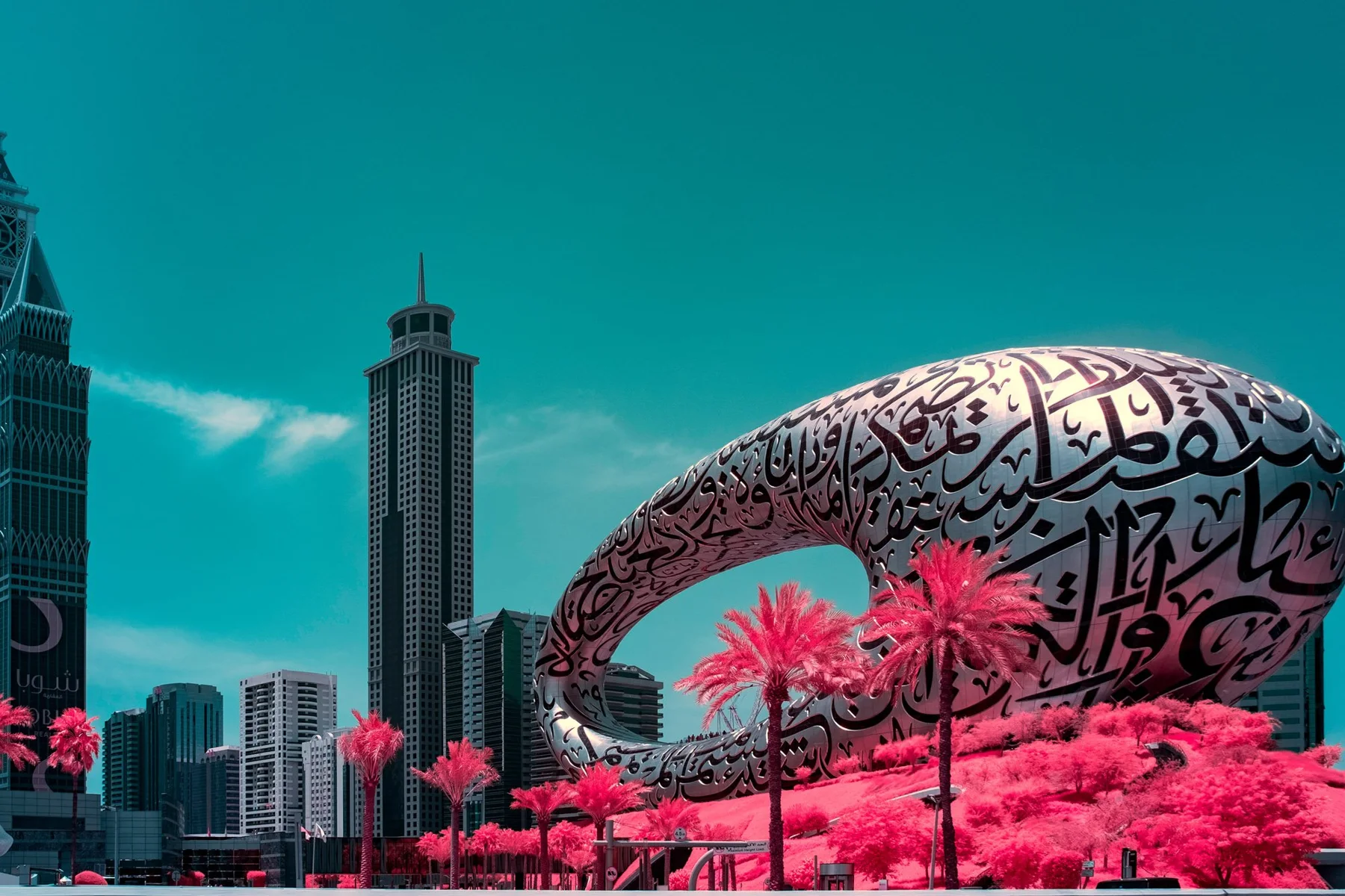 Museum of the Future in Dubai with pink vegetation.