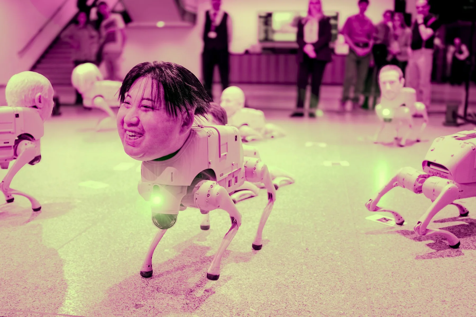 Robot dogs with masks of human heads.