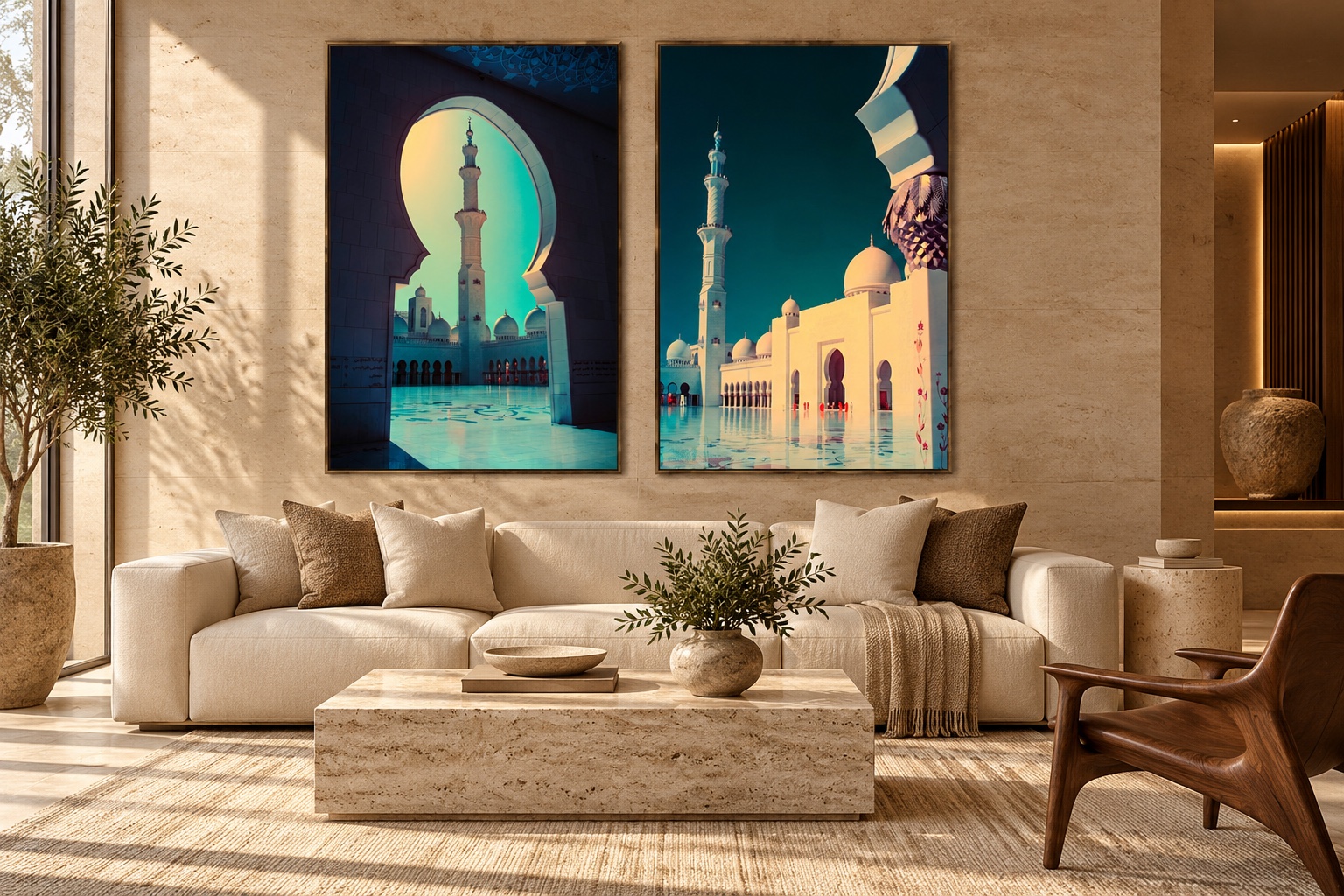 Visualisation d’intérieur générée par IA à partir de motifs d’André Wagner. Proposition pour un salon d’hôtel fictif, et non installation réalisée.