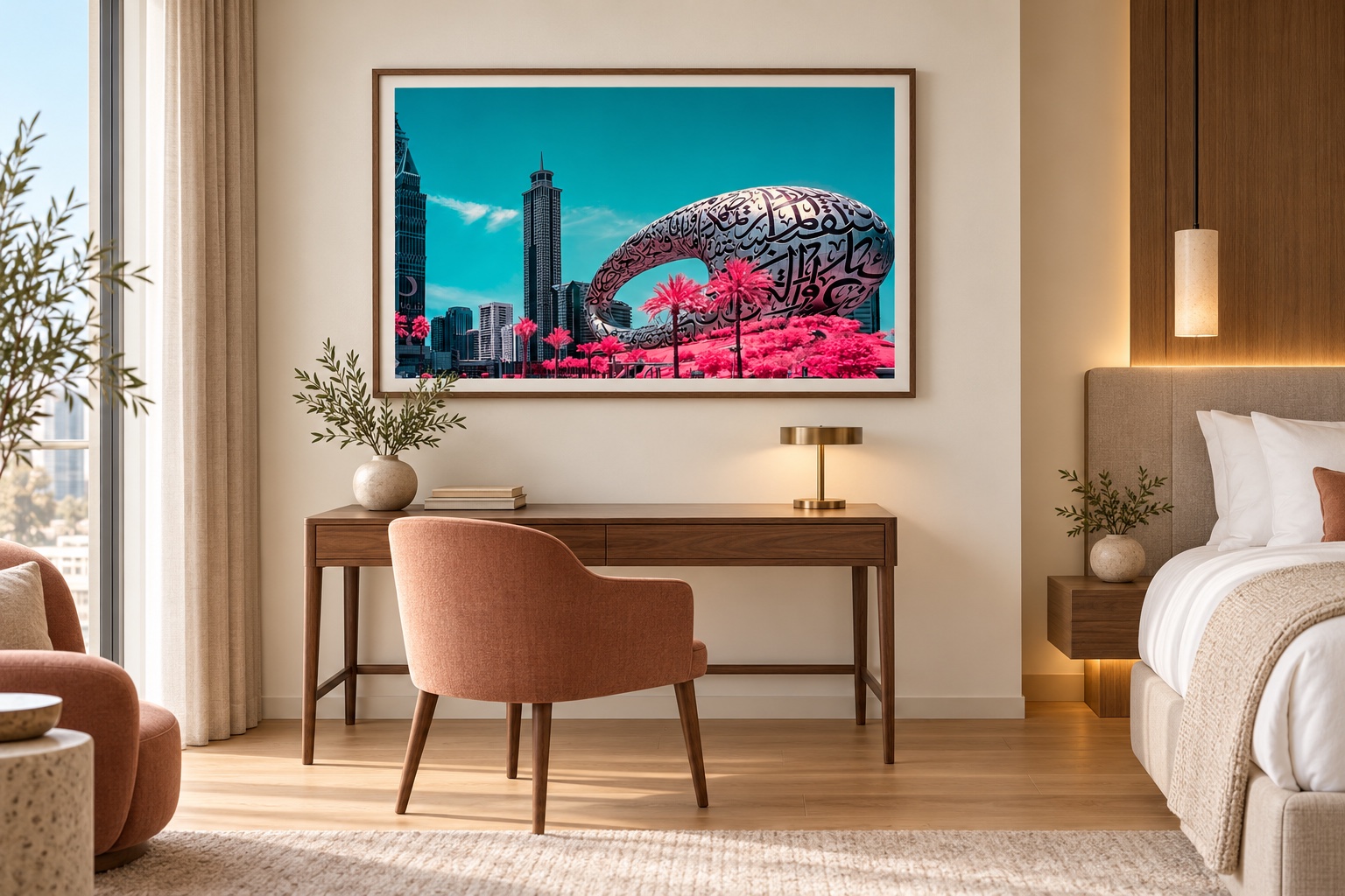 Proposition pour une suite avec une photographie infrarouge du Museum of the Future à Dubaï. Visualisation générée par IA, et non installation réalisée.