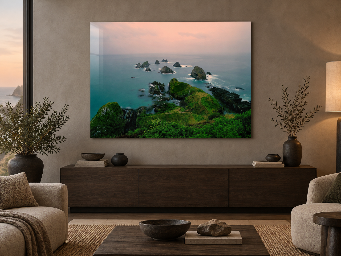 Visualisation d’intérieur générée par IA – OCEAN ROCKS, NEUSEELAND dans un séjour de collectionneur sur le littoral. Présentation indicative du format et de l’effet spatial ; il ne s’agit pas d’une installation photographiée.