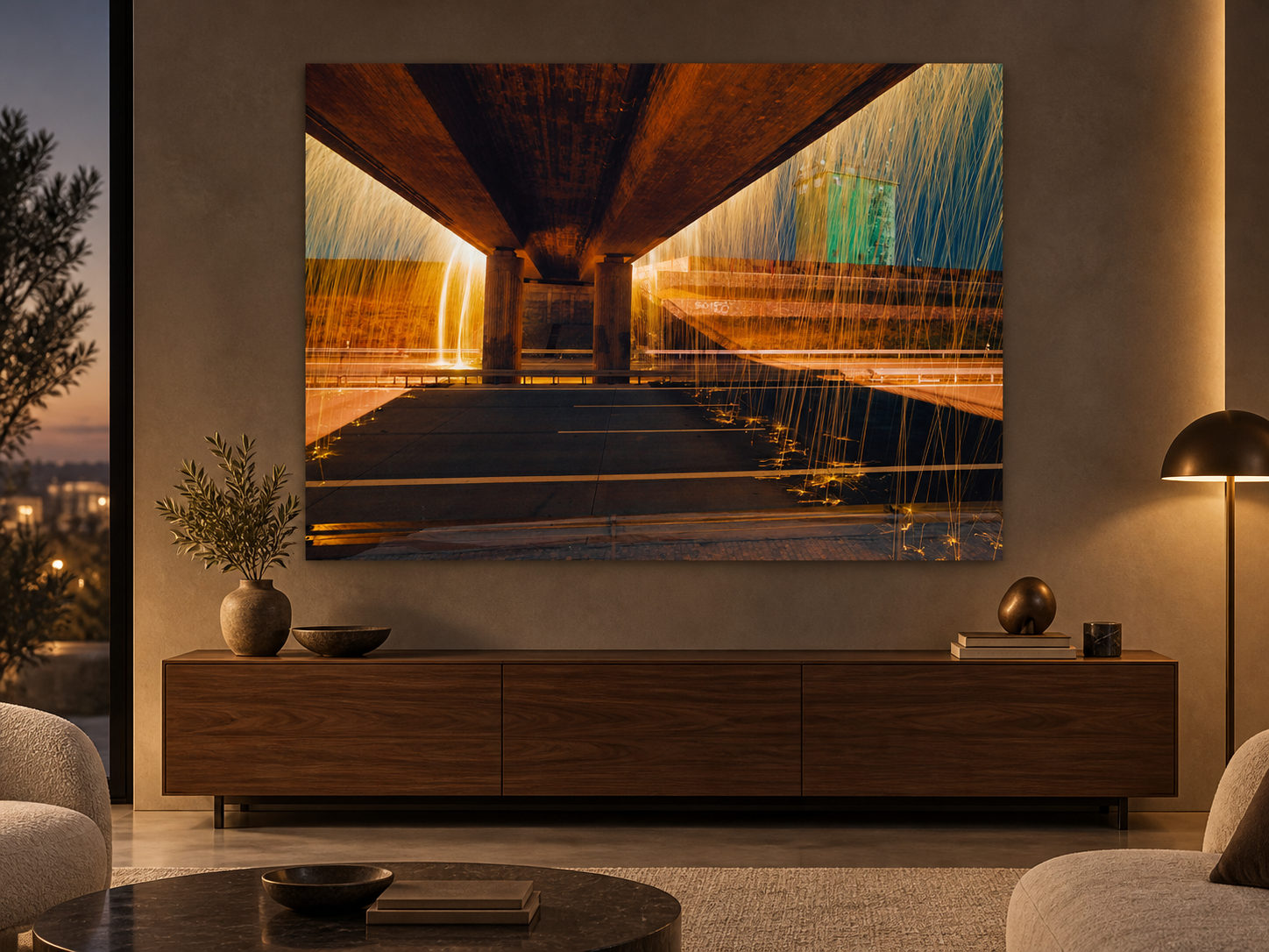 KI-generierte Raumvisualisierung – Golden Bridge 1, Deutschland. Darstellung dient der Orientierung zu Größe und Wirkung; keine fotografierte Installation.