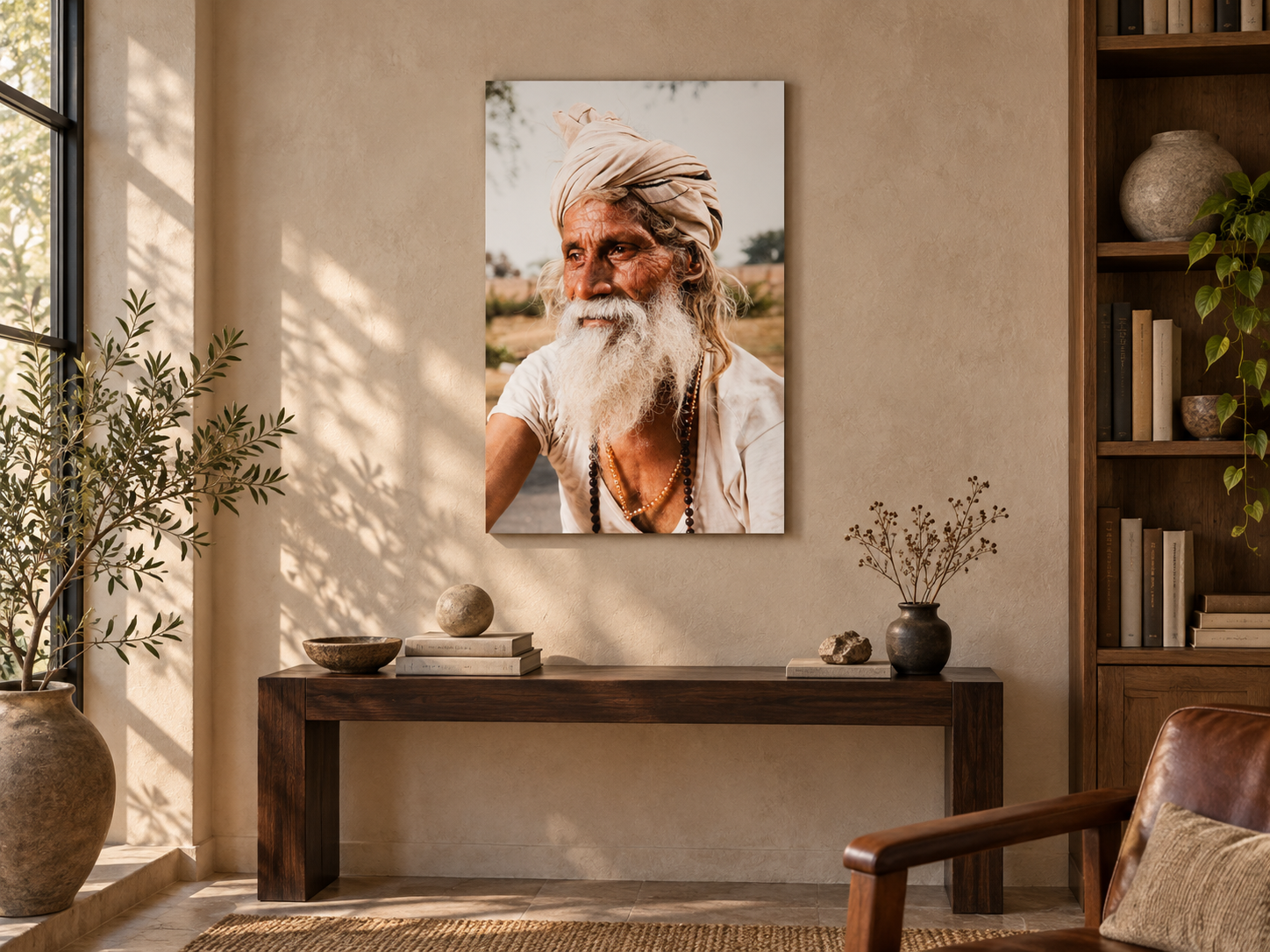 Visualisation d’intérieur générée par IA — Dandavat Parikram Sadhu, Indien. Illustration du format et de la présence de l’œuvre ; il ne s’agit pas d’une installation photographiée.