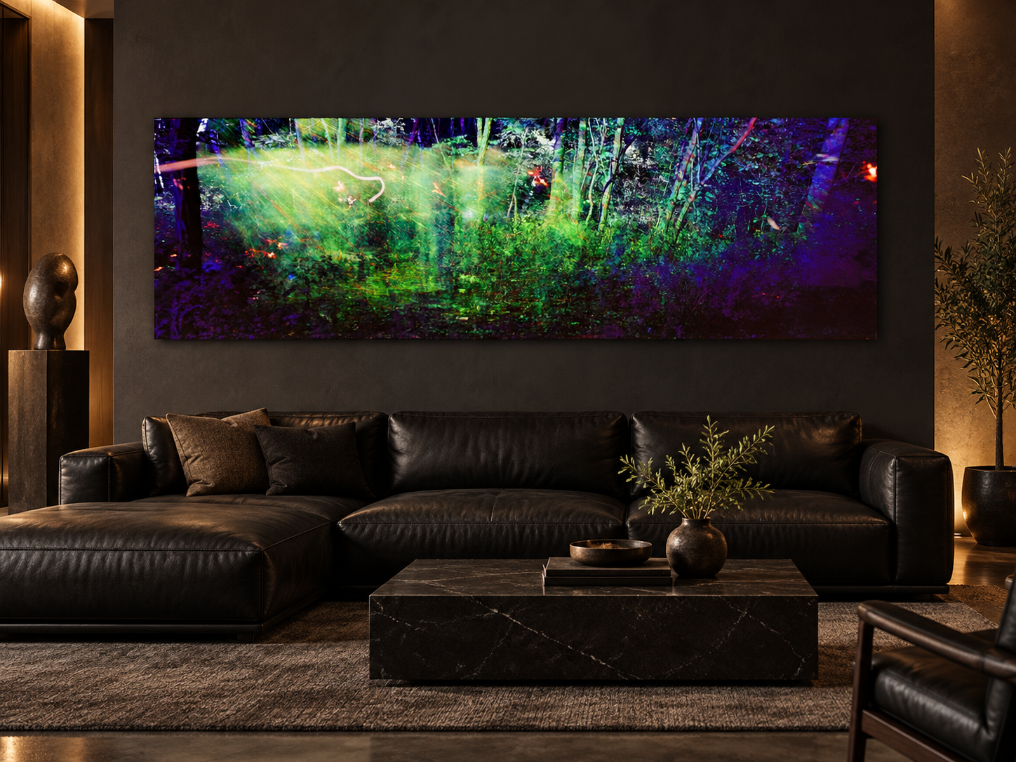 Visualisation d’intérieur générée par IA – Laser Forest, Deutschland. Présentation indicative du format et de l’effet spatial ; il ne s’agit pas d’une installation photographiée.