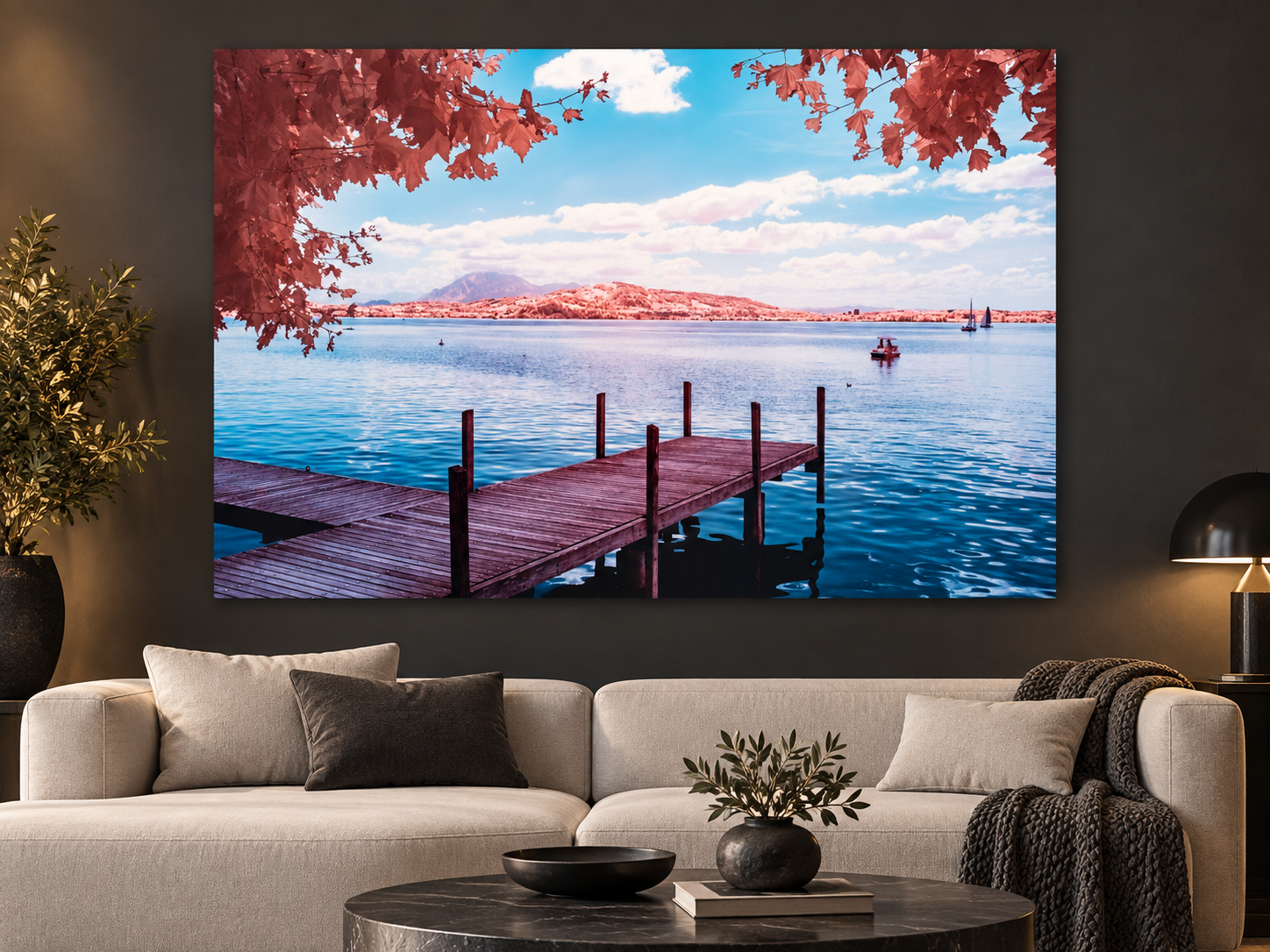 Visualisation d’intérieur générée par IA — Zugersee 1, Schweiz. Illustration du format et de la présence de l’œuvre ; il ne s’agit pas d’une installation photographiée.