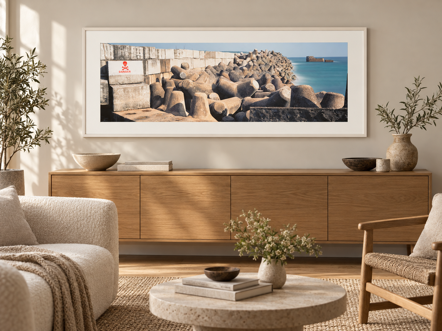 KI-generierte Raumvisualisierung – Wave Breakers, Indien. Darstellung dient der Orientierung zu Größe und Wirkung; keine fotografierte Installation.