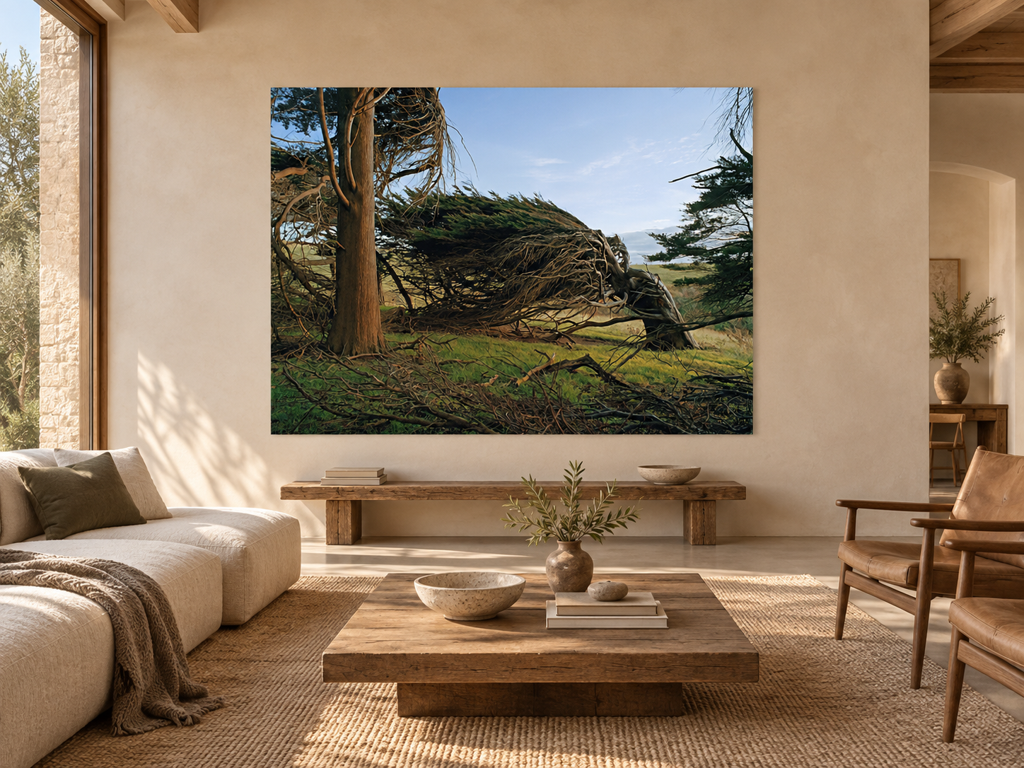 Visualisation d’intérieur générée par IA – FIGHT, NEUSEELAND dans un intérieur de collectionneur aux tons chaleureux. Présentation indicative du format et de l’effet spatial ; il ne s’agit pas d’une installation photographiée.
