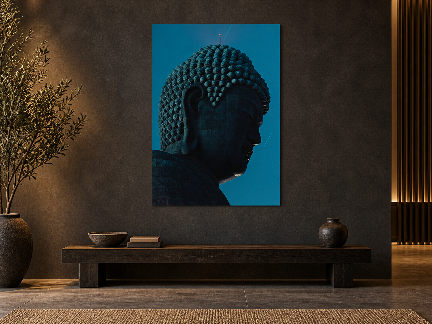 Visualisation d’intérieur générée par IA – Daibutsu Head, Japan. Présentation indicative du format et de l’effet spatial ; il ne s’agit pas d’une installation photographiée.