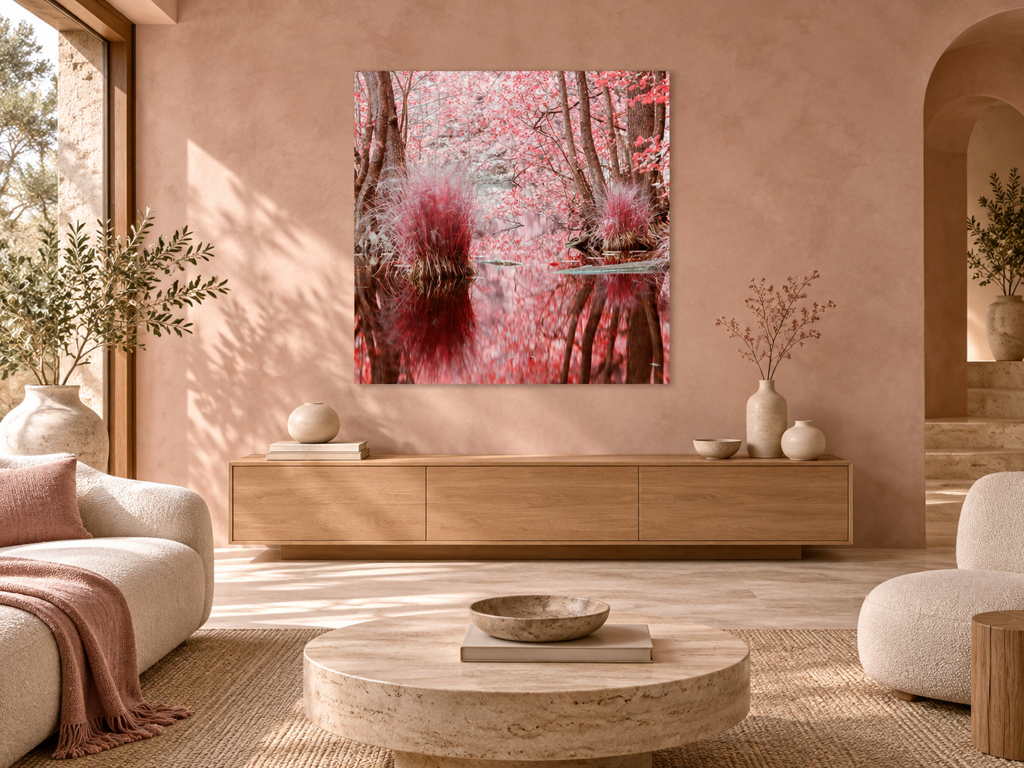 Visualisation d’intérieur générée par IA — IN HARMONY WITH NATURE, DEUTSCHLAND dans un intérieur chaleureux de collectionneur. Illustration du format et de la présence de l’œuvre ; il ne s’agit pas d’une installation photographiée.
