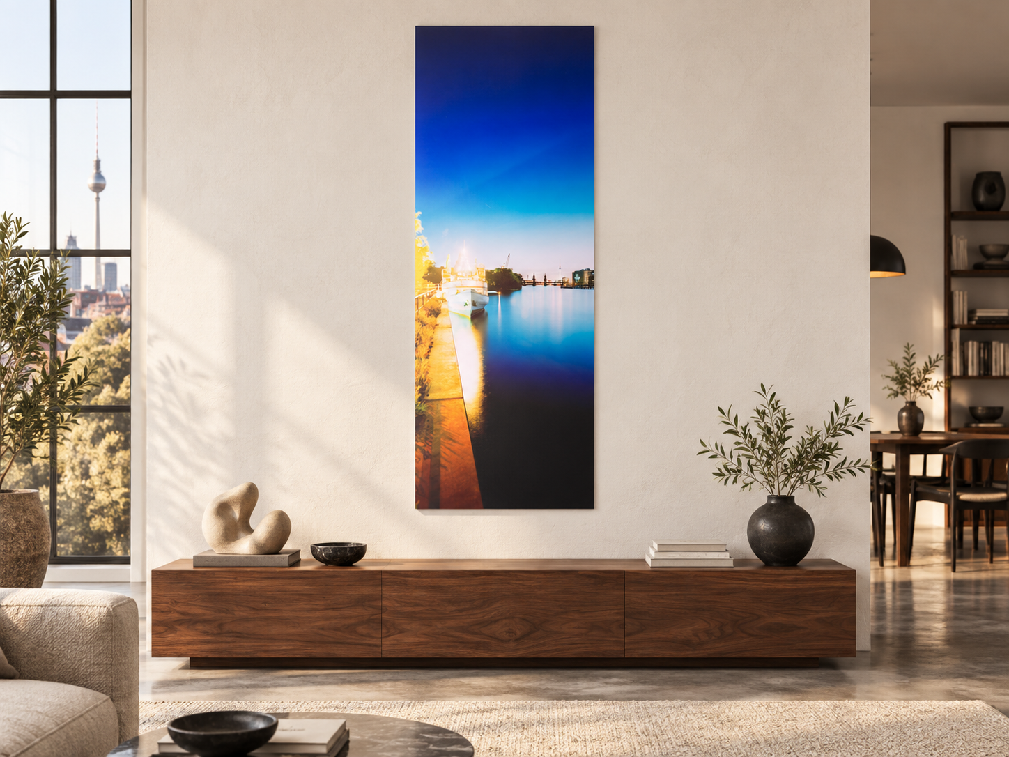 Visualisation d’intérieur générée par IA — Media Spree 2, Deutschland. Illustration du format et de la présence de l’œuvre ; il ne s’agit pas d’une installation photographiée.