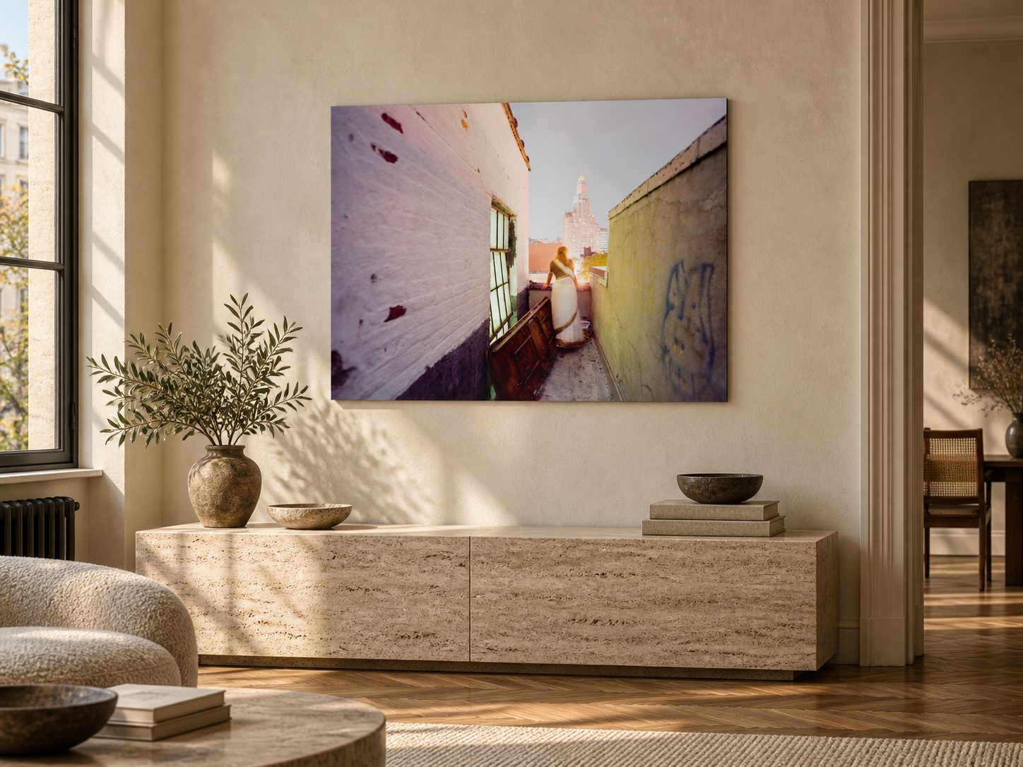 KI-generierte Raumvisualisierung – Longing for Home, USA. Darstellung dient der Orientierung zu Größe und Wirkung; keine fotografierte Installation.