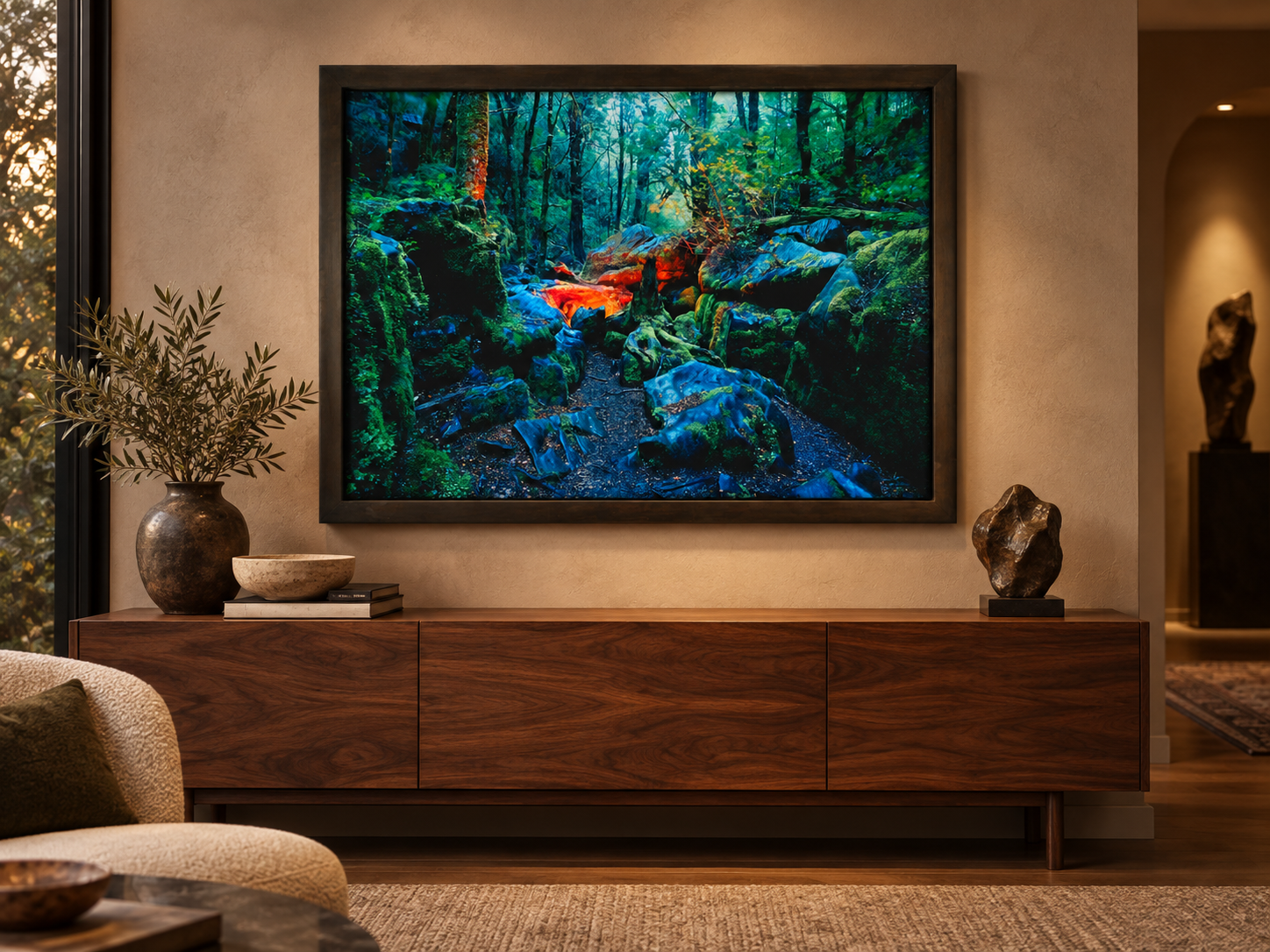 KI-generierte Raumvisualisierung – Harwood Hole 1, Neuseeland. Darstellung dient der Orientierung zu Größe und Wirkung; keine fotografierte Installation.