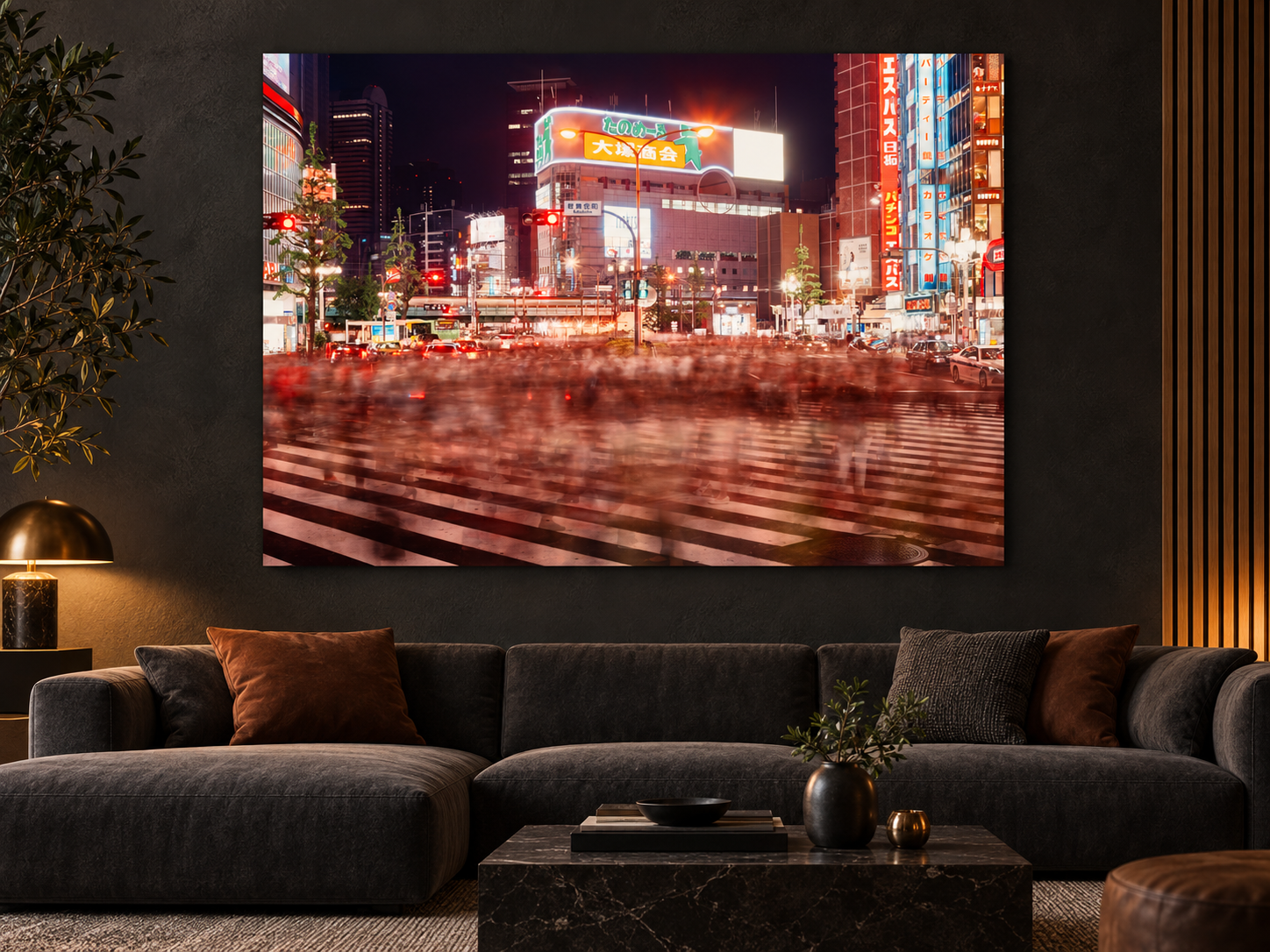 Visualisation d’intérieur générée par IA — Tokyo Shinjuku 4, Japan. Illustration du format et de la présence de l’œuvre ; il ne s’agit pas d’une installation photographiée.