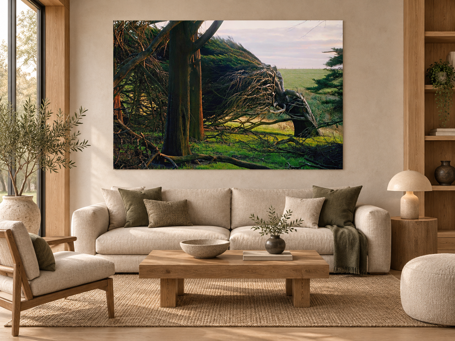 KI-generierte Raumvisualisierung – FIGHT 2, NEUSEELAND in einem warmen Sammlerinterieur. Orientierung zu Größe und Wirkung; keine fotografierte Installation.