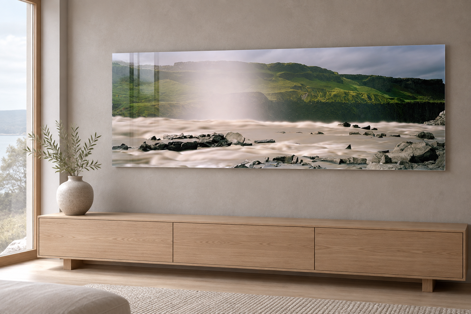 Visualisation d’intérieur générée par IA — SWIMMING AGAINST THE STREAM, ISLAND dans une résidence nordique. Illustration du format et de la présence de l’œuvre ; il ne s’agit pas d’une installation photographiée.