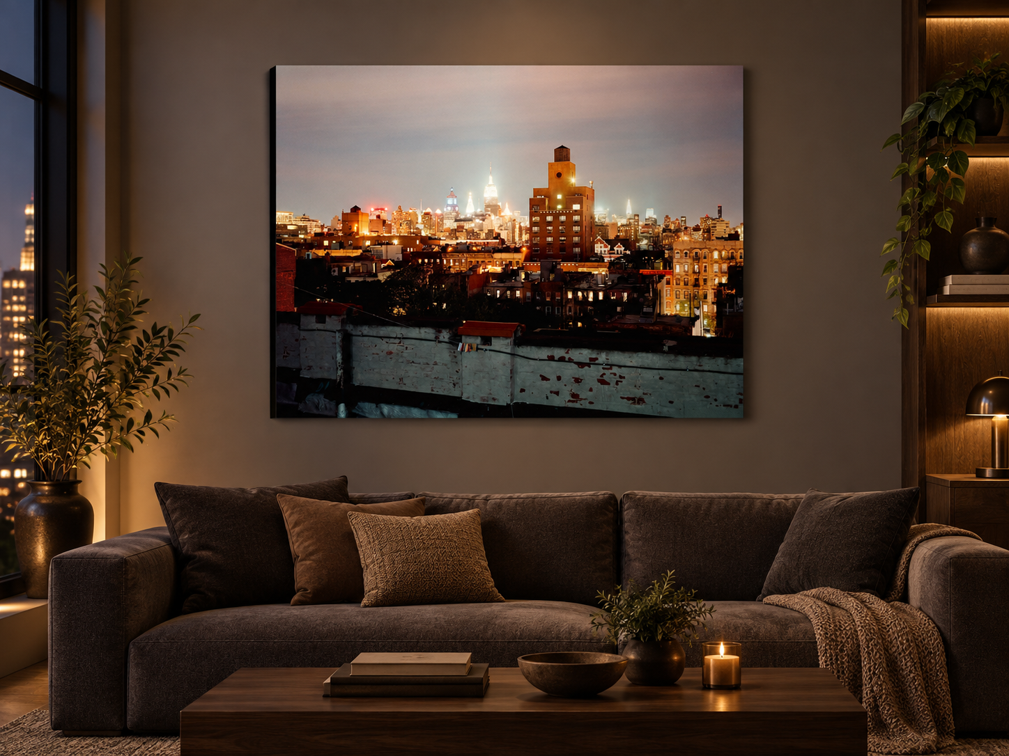 KI-generierte Raumvisualisierung – NY ROOFTOP 2, USA in einem abendlichen Sammlerinterieur. Orientierung zu Größe und Wirkung; keine fotografierte Installation.